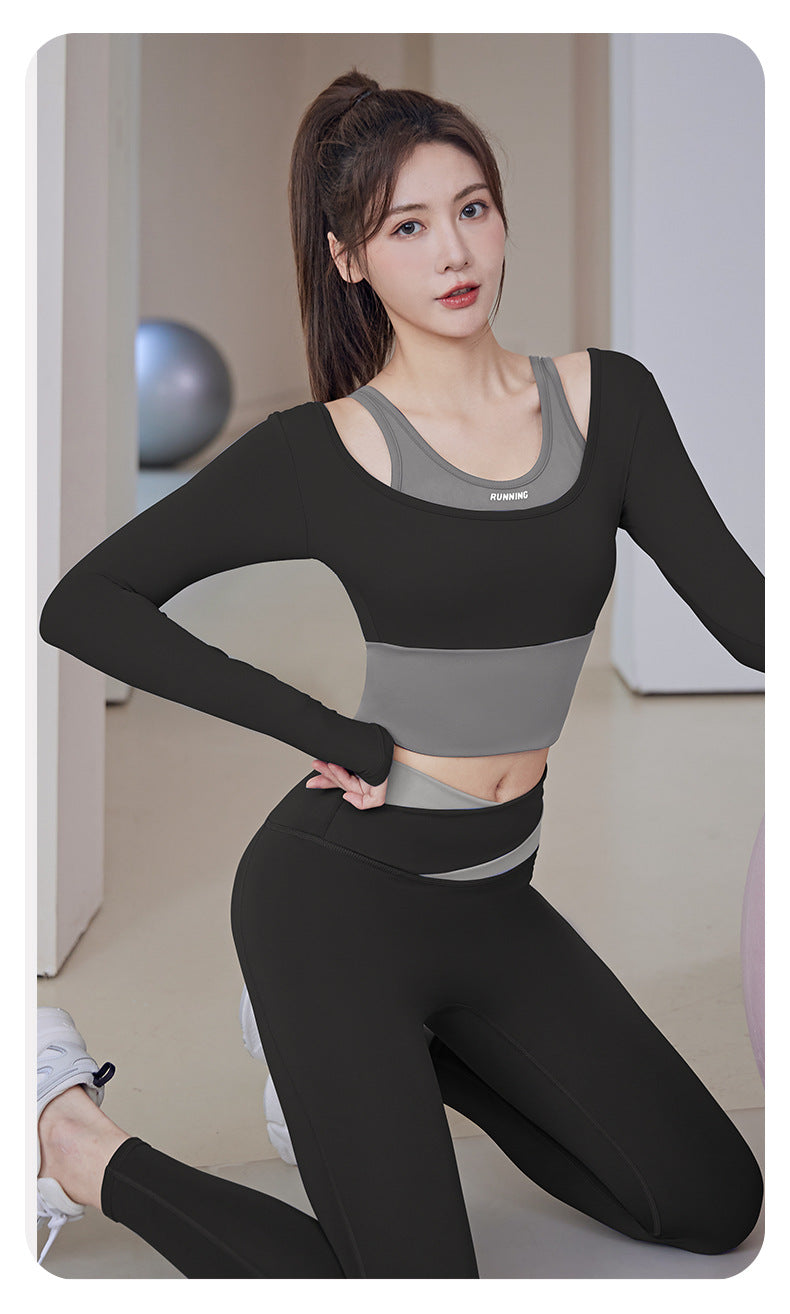 Women's Running Fitness Tight Fake Two-Piece Sports Top Suit Long Sleeve Yoga Wear