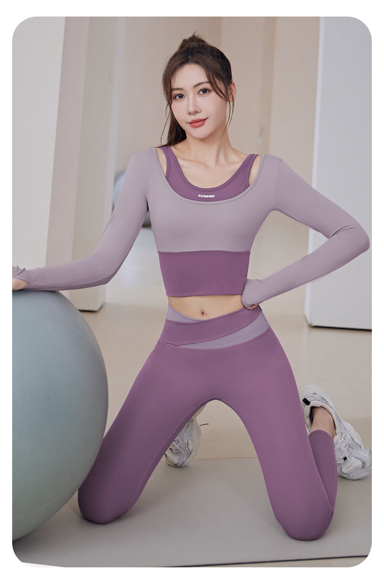 Women's Running Fitness Tight Fake Two-Piece Sports Top Suit Long Sleeve Yoga Wear