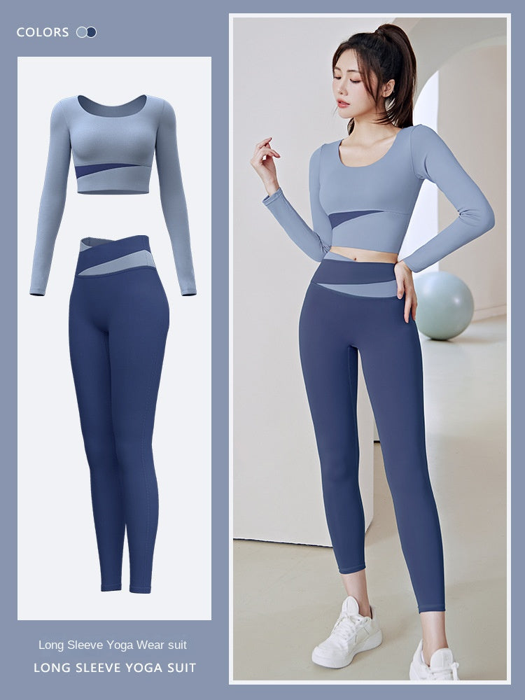 Color Matching Running Sports Yoga High Waist Tight Peach Hip Long Style Long Sleeve Women's Suit Workout Clothes