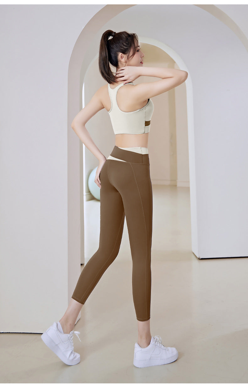 Women's Patchwork Contrast Color Shockproof Fitness Suit Running Sports Skinny Hip Raise Nude Feel Yoga Clothes