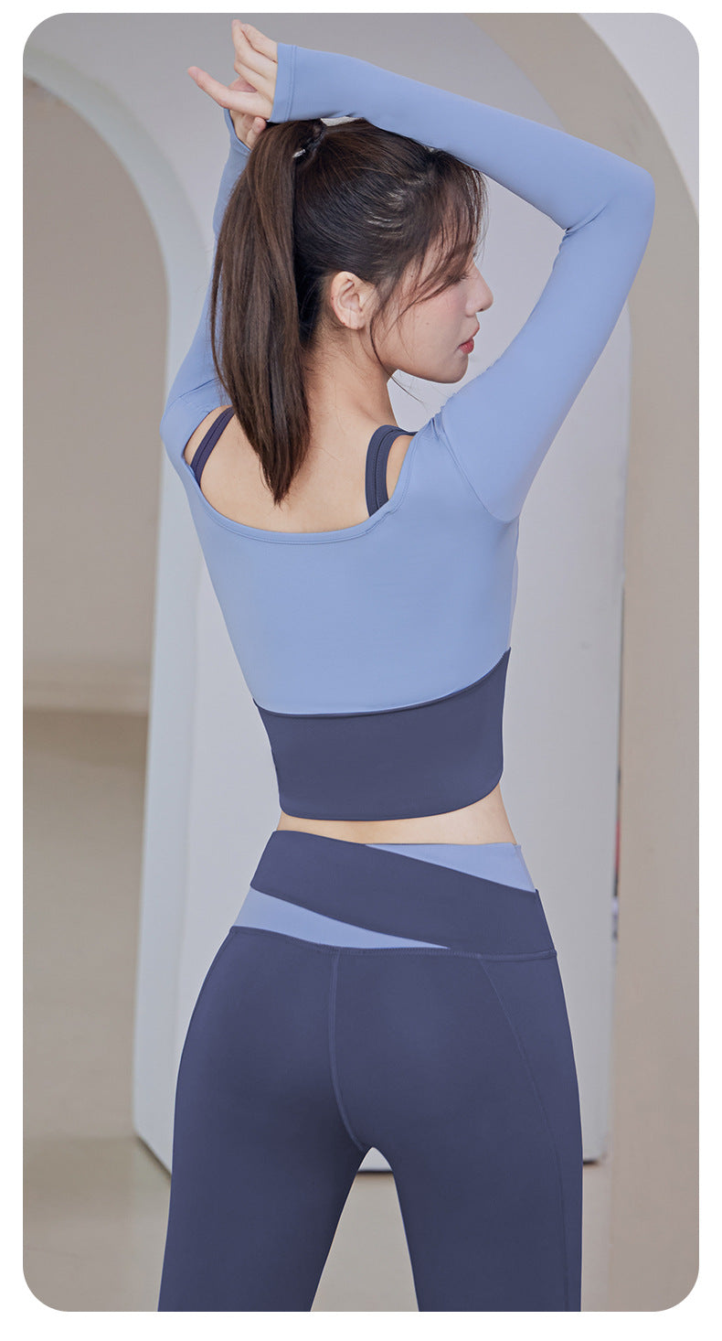 Running Fitness Tight Sport Coat for Women Long Sleeve Fake Two-Piece Yoga Clothes with Fixed Chest Pad