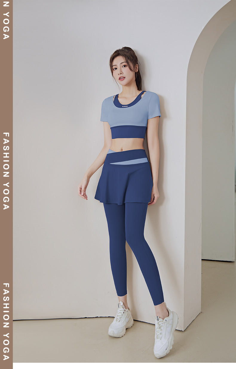 Color Matching Outer Wear High Waist Tight with Chest Pad Fake Two Pieces Short Sleeve Running Fitness Yoga Exercise Suit