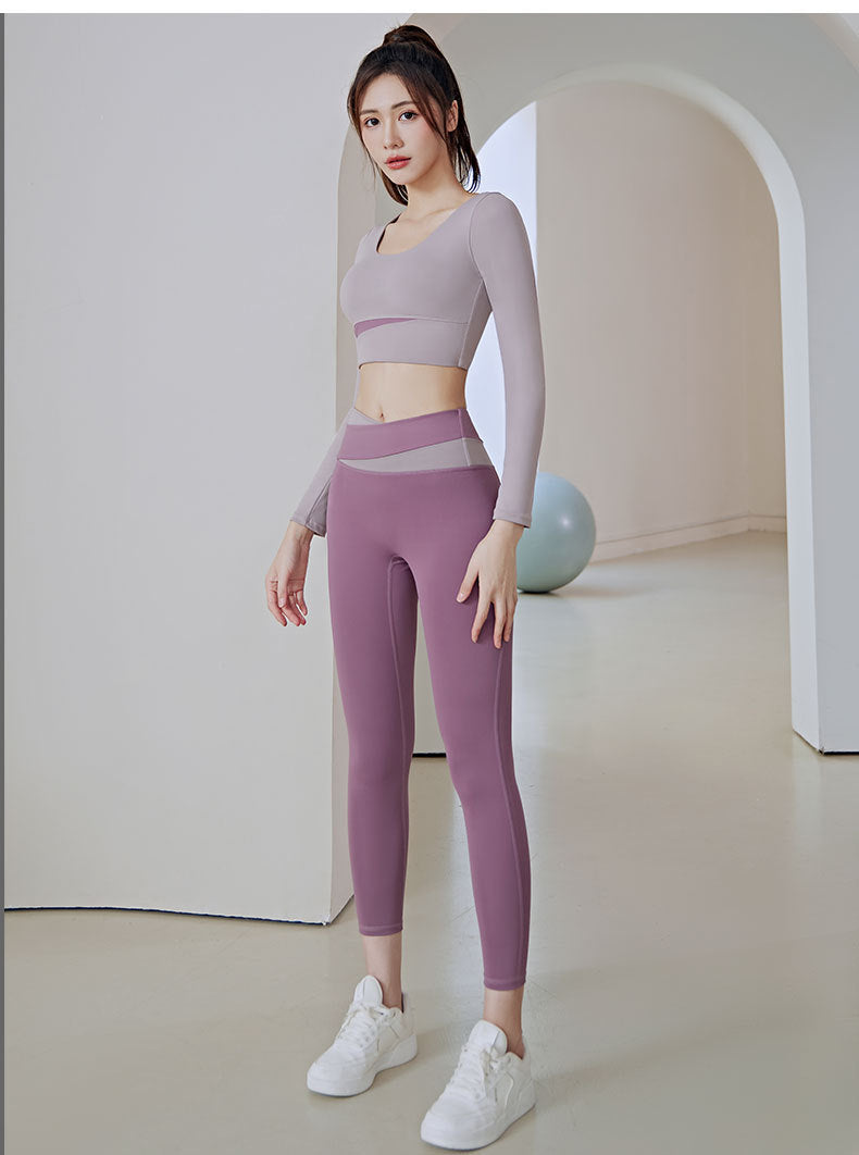 Color Matching Running Sports Yoga High Waist Tight Peach Hip Long Style Long Sleeve Women's Suit Workout Clothes