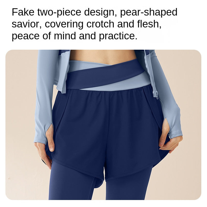 Fake Two-Piece Color Matching High Elastic Yoga Pants Anti-Exposure Running Sports High Waist Belly Contracting Nude Feel Fitness Pants for Women