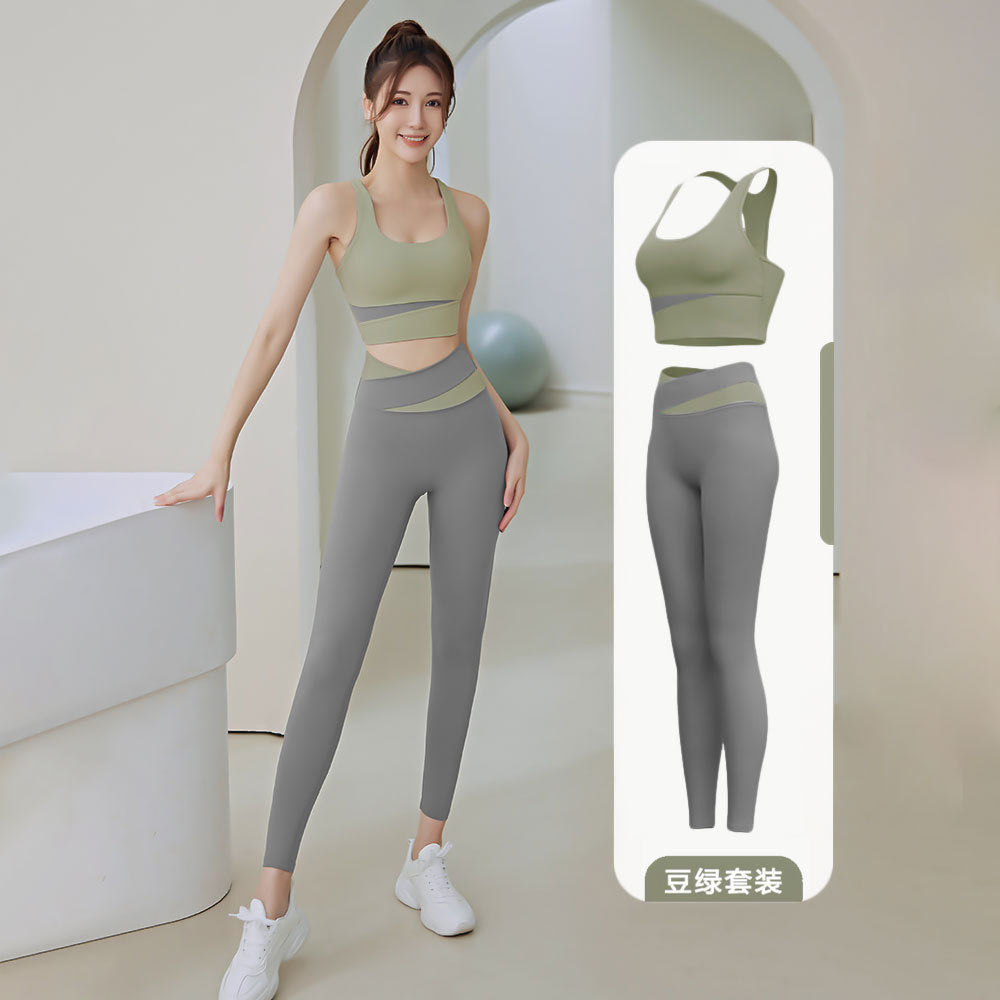 Women's Patchwork Contrast Color Shockproof Fitness Suit Running Sports Skinny Hip Raise Nude Feel Yoga Clothes