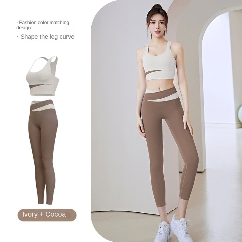 Women's Patchwork Contrast Color Shockproof Fitness Suit Running Sports Skinny Hip Raise Nude Feel Yoga Clothes