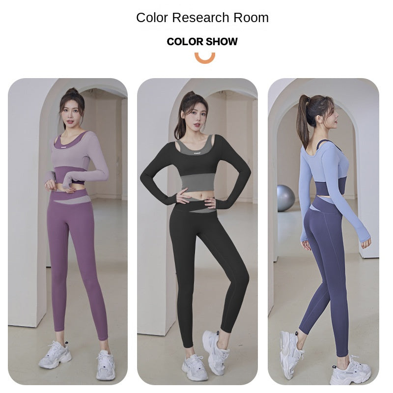 Women's Running Fitness Tight Fake Two-Piece Sports Top Suit Long Sleeve Yoga Wear