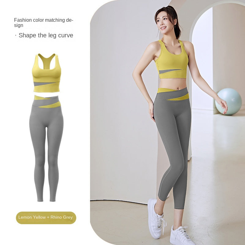 Women's Patchwork Contrast Color Shockproof Fitness Suit Running Sports Skinny Hip Raise Nude Feel Yoga Clothes