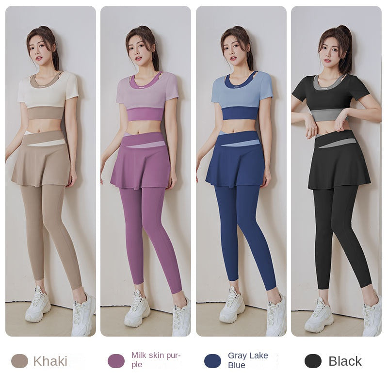 Color Matching Outer Wear High Waist Tight with Chest Pad Fake Two Pieces Short Sleeve Running Fitness Yoga Exercise Suit