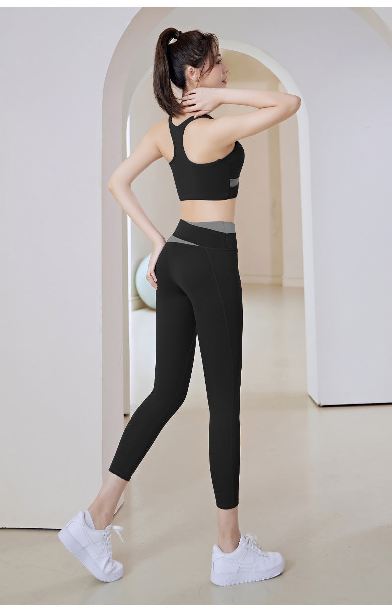 Women's Patchwork Contrast Color Shockproof Fitness Suit Running Sports Skinny Hip Raise Nude Feel Yoga Clothes