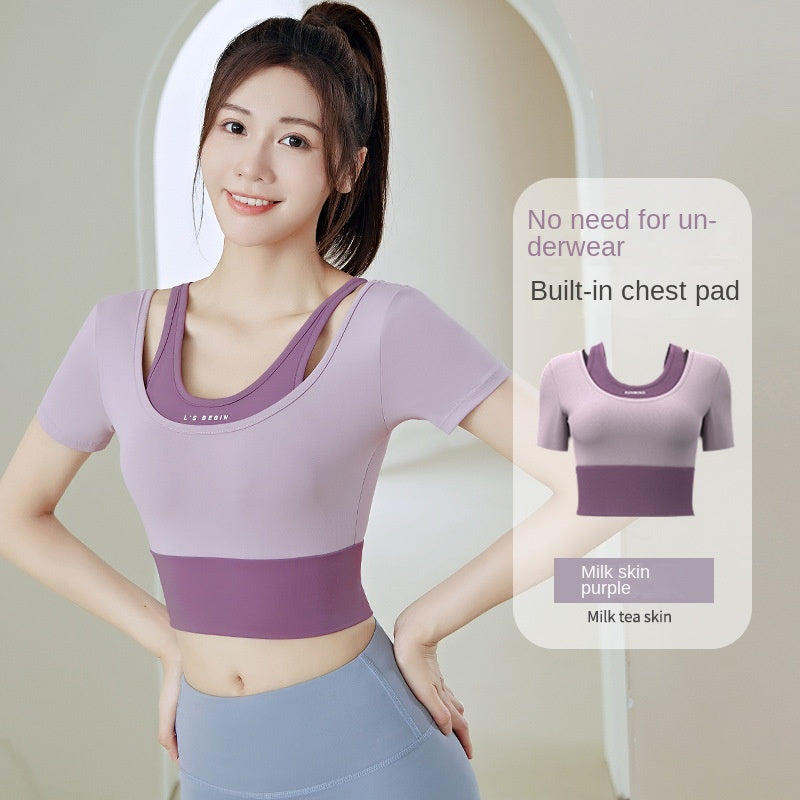 Women's Running Workout Short Sleeve Top with Chest Pad Slimming Nude Feel Close-Fitting and Slim-Fitting Yoga Clothes