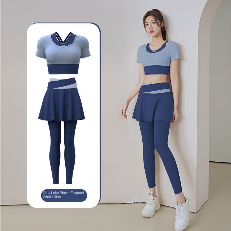 Color Matching Outer Wear High Waist Tight with Chest Pad Fake Two Pieces Short Sleeve Running Fitness Yoga Exercise Suit