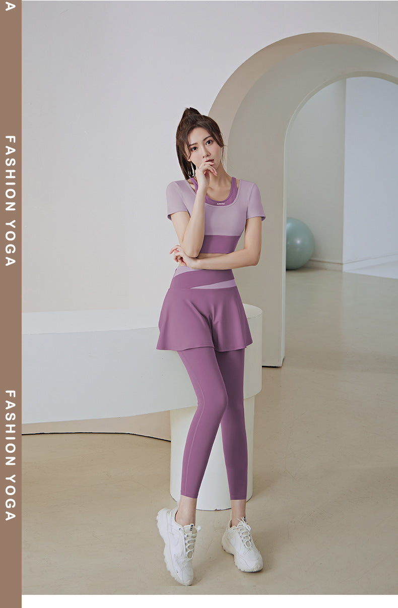 Color Matching Outer Wear High Waist Tight with Chest Pad Fake Two Pieces Short Sleeve Running Fitness Yoga Exercise Suit