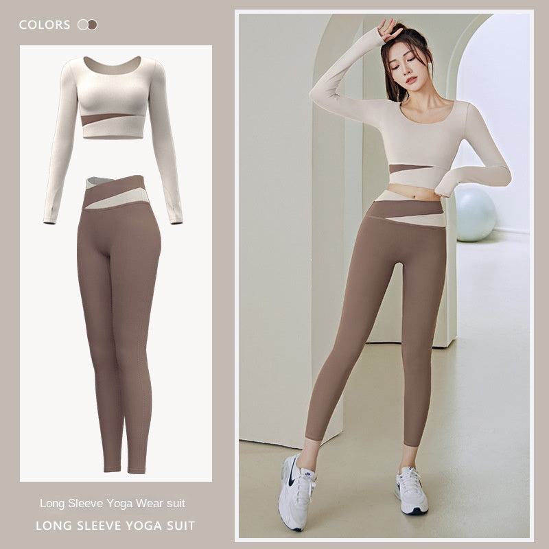 Color Matching Running Sports Yoga High Waist Tight Peach Hip Long Style Long Sleeve Women's Suit Workout Clothes