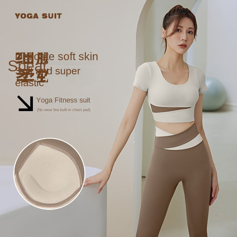 Color Matching Short Sleeve Yoga Suit Suit Women's Spring/Summer Crop-Top Short Top Butt-Lift Underwear Running Sports Workout Clothes