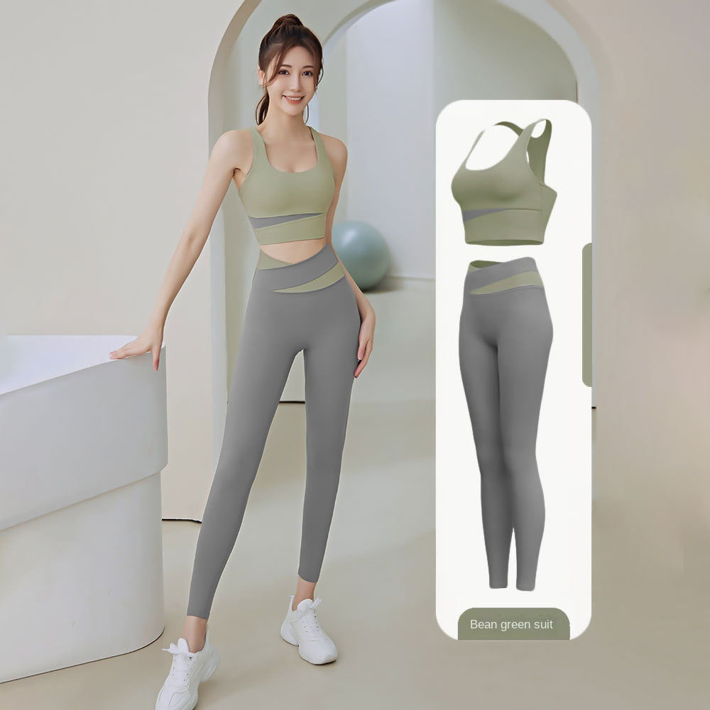 Women's Patchwork Contrast Color Shockproof Fitness Suit Running Sports Skinny Hip Raise Nude Feel Yoga Clothes