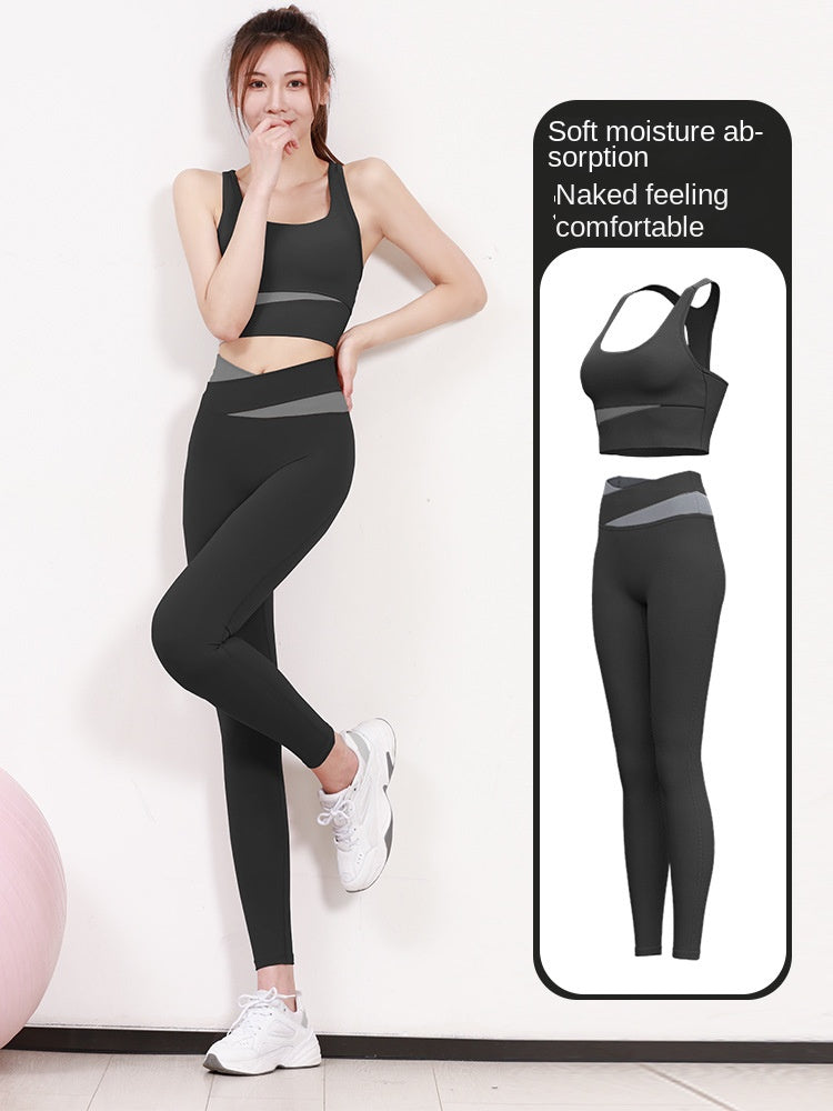 Women's Patchwork Contrast Color Shockproof Fitness Suit Running Sports Skinny Hip Raise Nude Feel Yoga Clothes