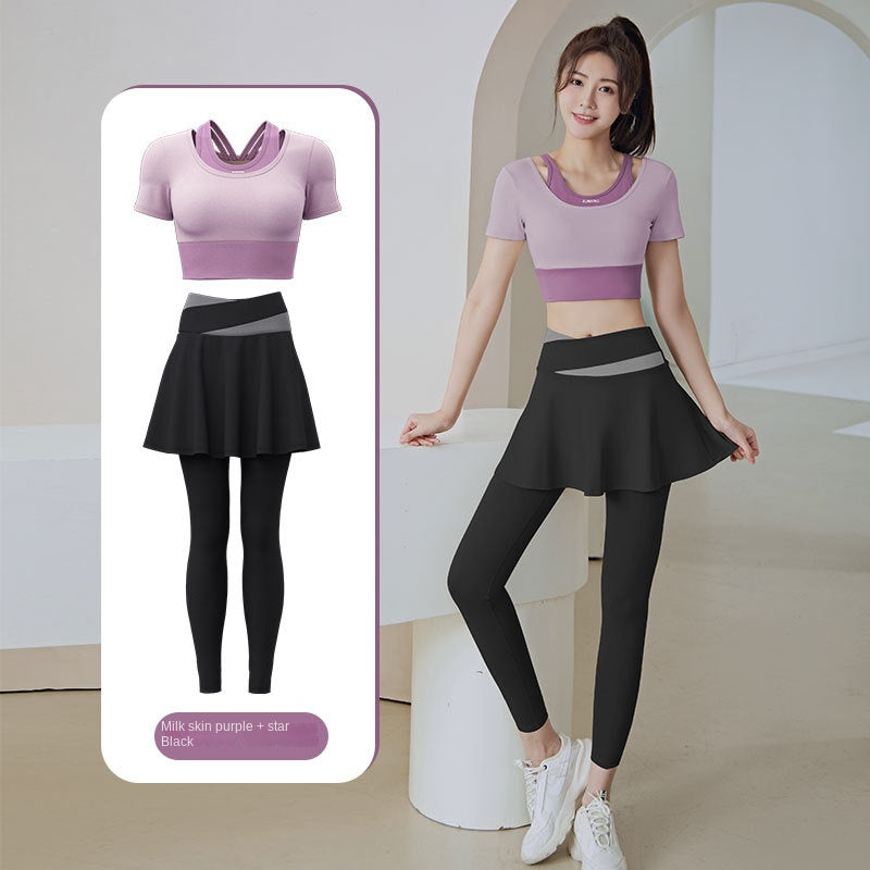 Color Matching Outer Wear High Waist Tight with Chest Pad Fake Two Pieces Short Sleeve Running Fitness Yoga Exercise Suit