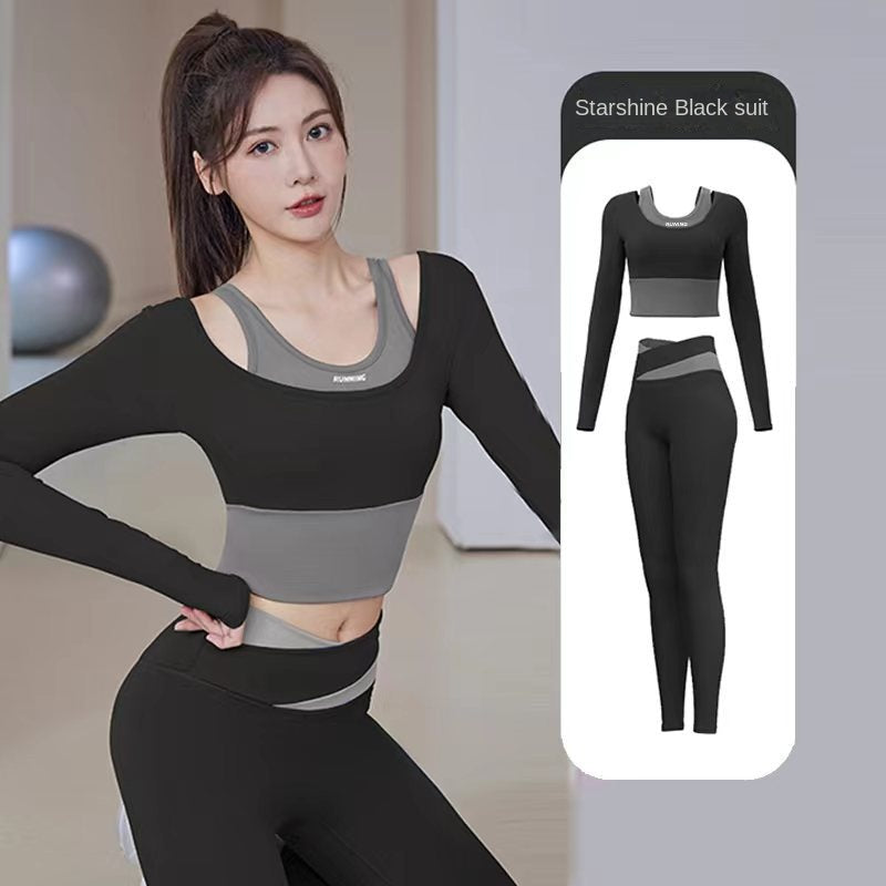 Women's Running Fitness Tight Fake Two-Piece Sports Top Suit Long Sleeve Yoga Wear