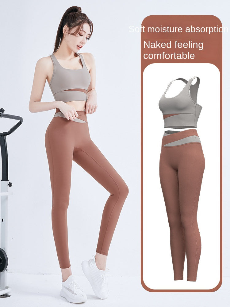 Women's Patchwork Contrast Color Shockproof Fitness Suit Running Sports Skinny Hip Raise Nude Feel Yoga Clothes