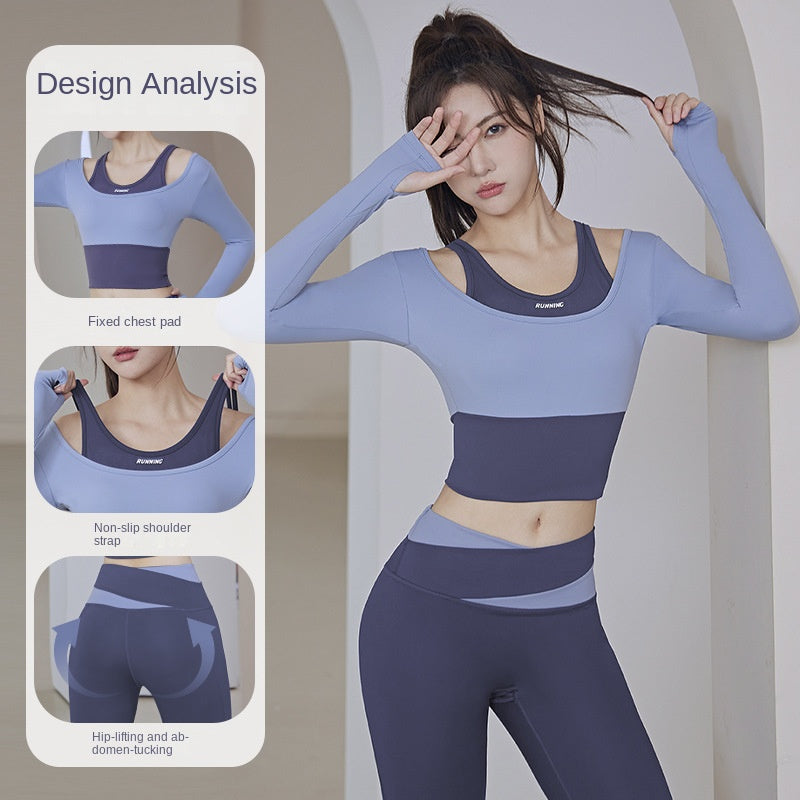 Running Fitness Tight Sport Coat for Women Long Sleeve Fake Two-Piece Yoga Clothes with Fixed Chest Pad