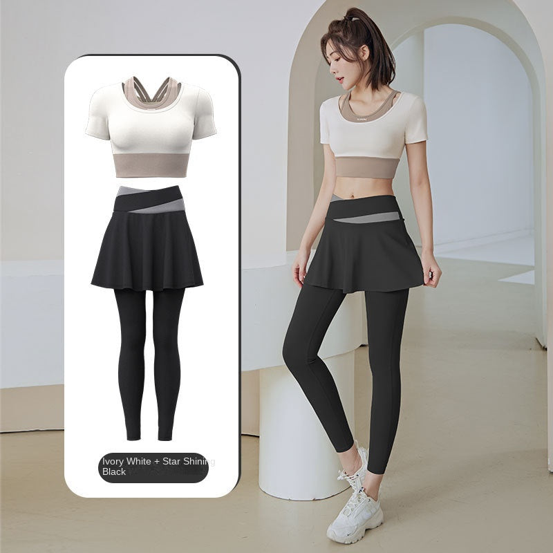 Color Matching Outer Wear High Waist Tight with Chest Pad Fake Two Pieces Short Sleeve Running Fitness Yoga Exercise Suit