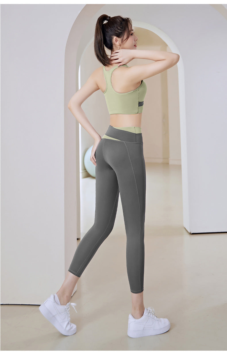 Women's Patchwork Contrast Color Shockproof Fitness Suit Running Sports Skinny Hip Raise Nude Feel Yoga Clothes