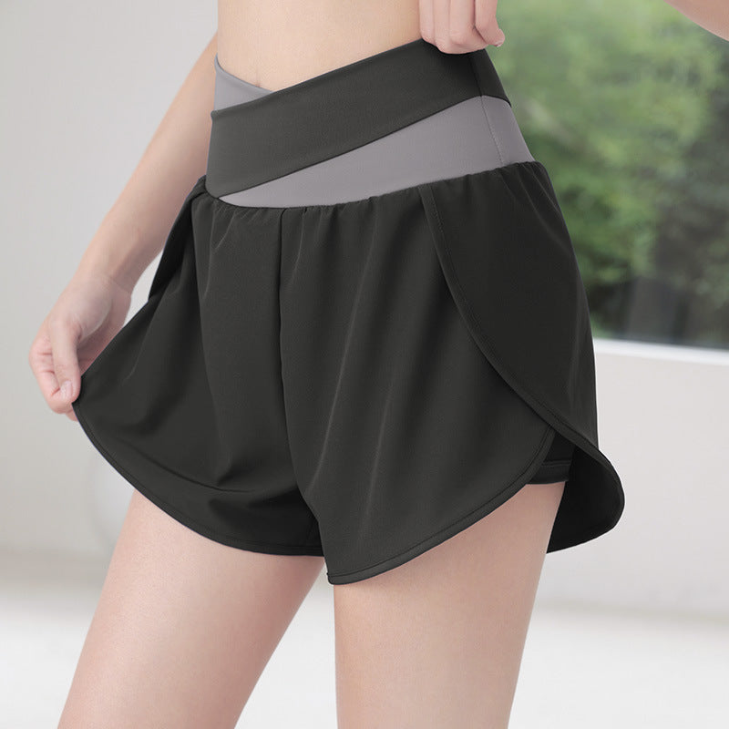 Color Matching Women's Running Fitness Breathable Side Pocket Anti-Exposure Fake Two-Piece Yoga Sports Shorts