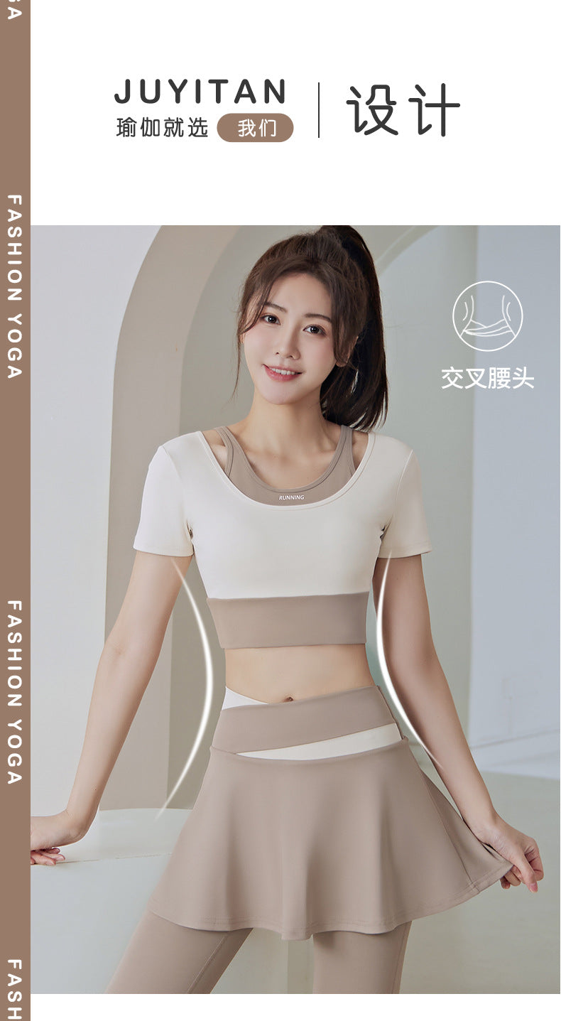 Color Matching Outer Wear High Waist Tight with Chest Pad Fake Two Pieces Short Sleeve Running Fitness Yoga Exercise Suit