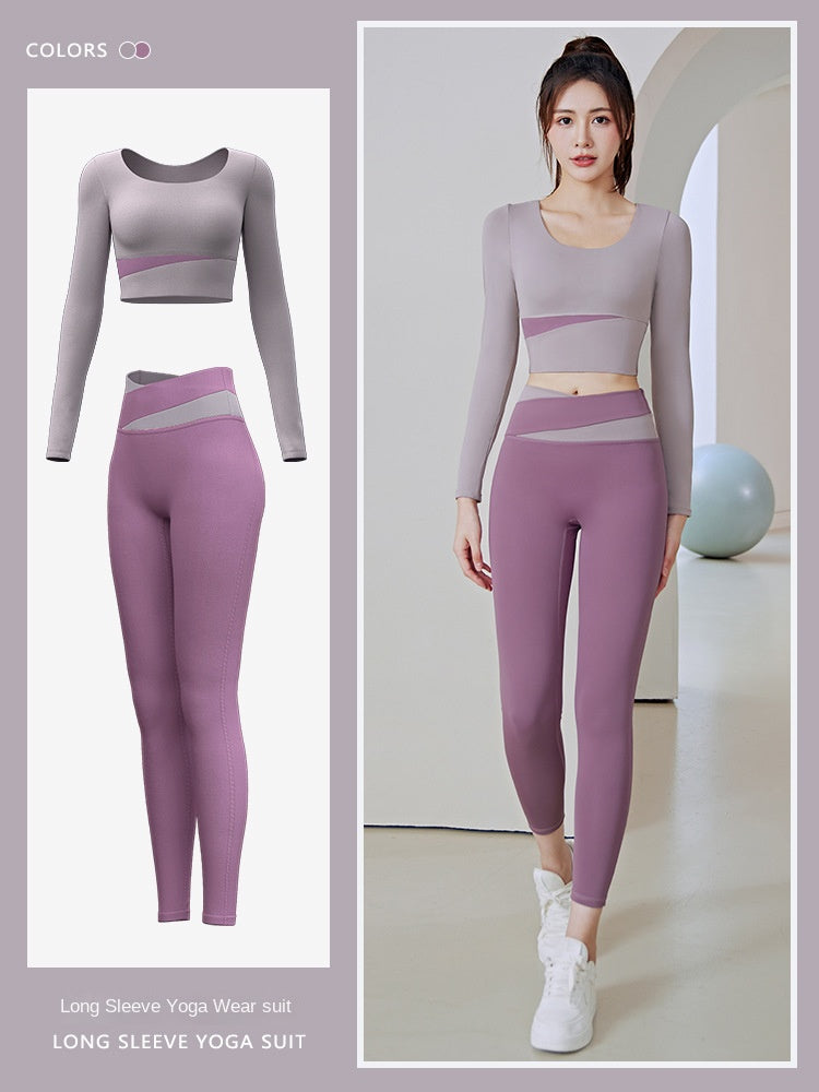 Color Matching Running Sports Yoga High Waist Tight Peach Hip Long Style Long Sleeve Women's Suit Workout Clothes