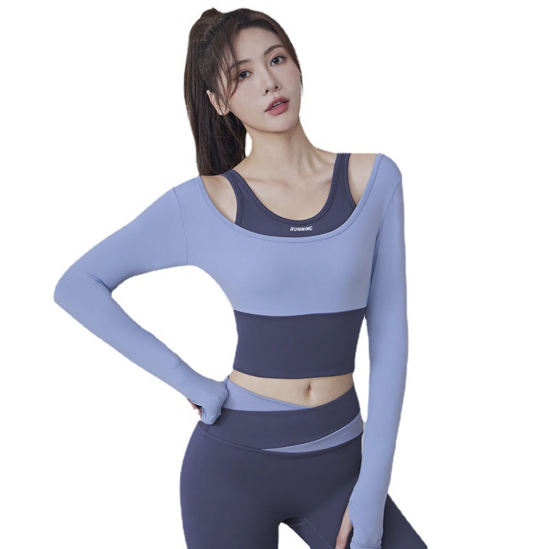 Running Fitness Tight Sport Coat for Women Long Sleeve Fake Two-Piece Yoga Clothes with Fixed Chest Pad