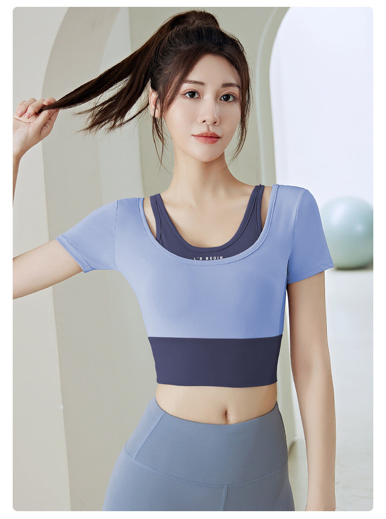 Women's Running Workout Short Sleeve Top with Chest Pad Slimming Nude Feel Close-Fitting and Slim-Fitting Yoga Clothes