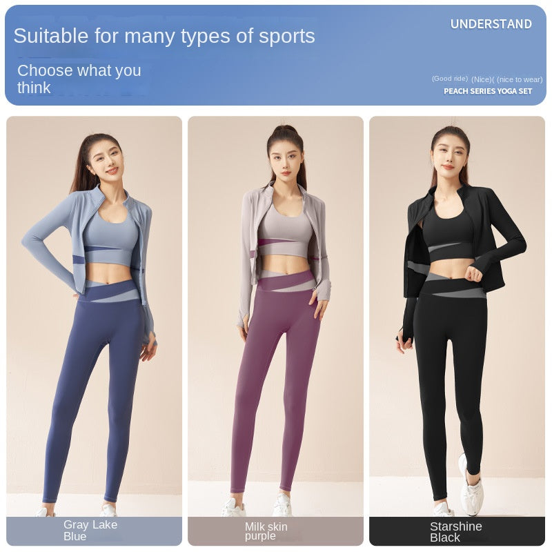 Color Matching Peach Breathable High Waist Hip Lift Running Shockproof Fitness Exercise Yoga Clothes Suit