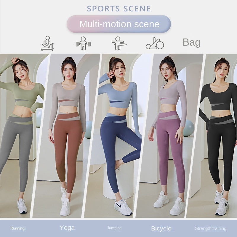 Color Matching Running Sports Yoga High Waist Tight Peach Hip Long Style Long Sleeve Women's Suit Workout Clothes