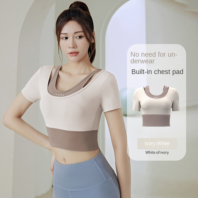 Women's Running Workout Short Sleeve Top with Chest Pad Slimming Nude Feel Close-Fitting and Slim-Fitting Yoga Clothes