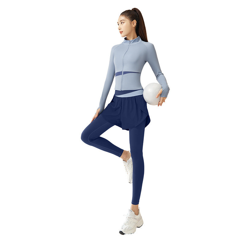 Fake Two-Piece Color Matching High Elastic Yoga Pants Anti-Exposure Running Sports High Waist Belly Contracting Nude Feel Fitness Pants for Women