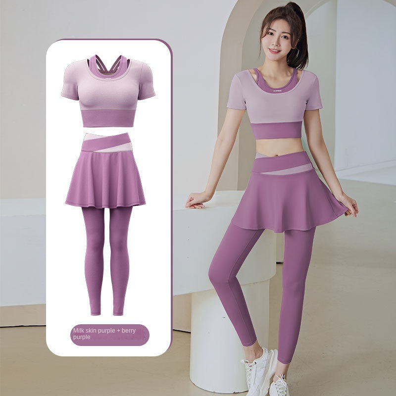 Color Matching Outer Wear High Waist Tight with Chest Pad Fake Two Pieces Short Sleeve Running Fitness Yoga Exercise Suit