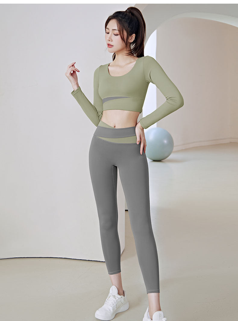 Color Matching Running Sports Yoga High Waist Tight Peach Hip Long Style Long Sleeve Women's Suit Workout Clothes