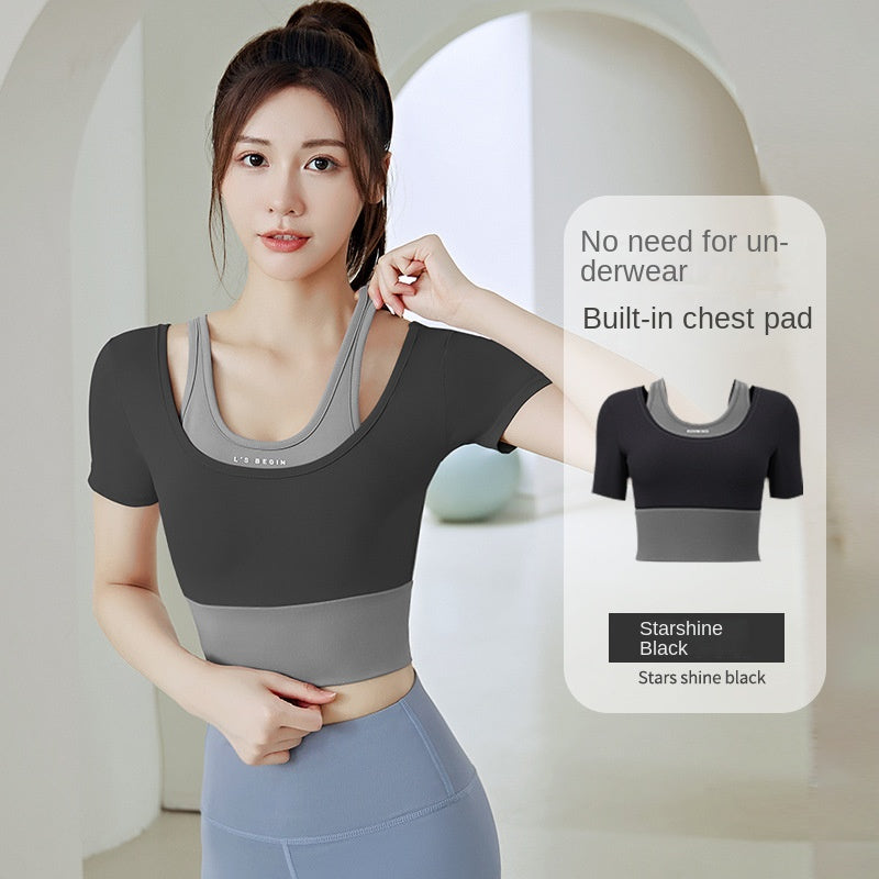 Women's Running Workout Short Sleeve Top with Chest Pad Slimming Nude Feel Close-Fitting and Slim-Fitting Yoga Clothes