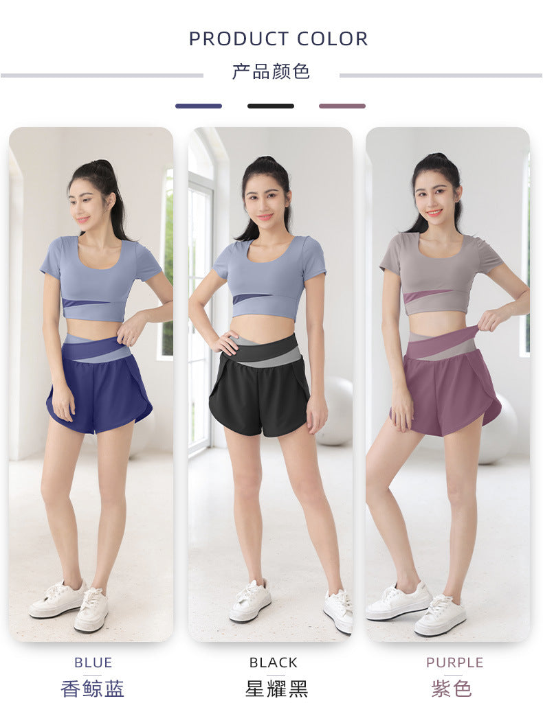 Color Matching Women's Running Fitness Breathable Side Pocket Anti-Exposure Fake Two-Piece Yoga Sports Shorts