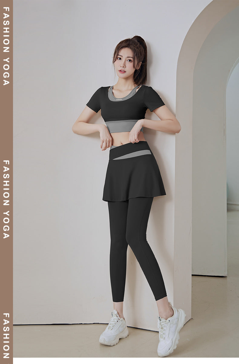 Color Matching Outer Wear High Waist Tight with Chest Pad Fake Two Pieces Short Sleeve Running Fitness Yoga Exercise Suit