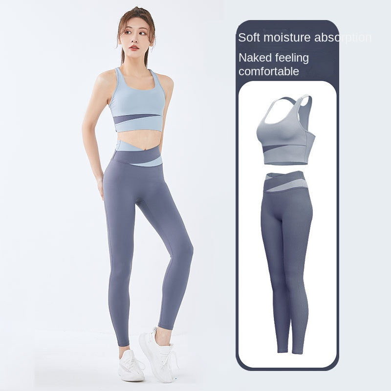 Women's Patchwork Contrast Color Shockproof Fitness Suit Running Sports Skinny Hip Raise Nude Feel Yoga Clothes