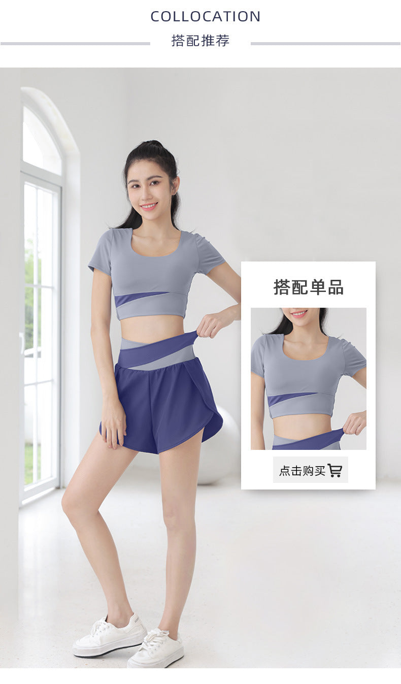 Color Matching Women's Running Fitness Breathable Side Pocket Anti-Exposure Fake Two-Piece Yoga Sports Shorts