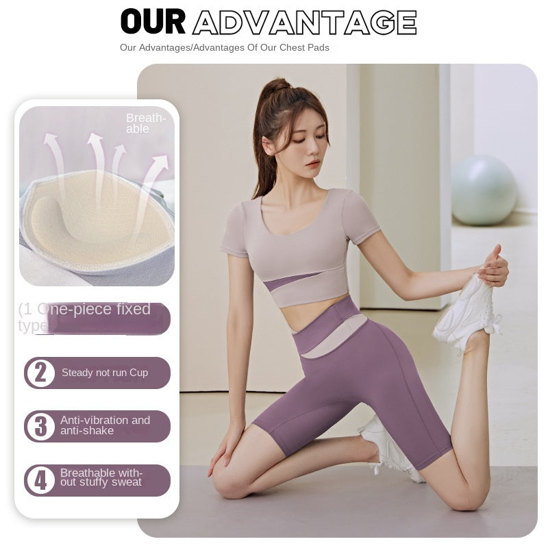 Color Matching Short Sleeve Yoga Suit Suit Women's Spring/Summer Crop-Top Short Top Butt-Lift Underwear Running Sports Workout Clothes