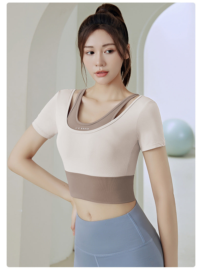 Women's Running Workout Short Sleeve Top with Chest Pad Slimming Nude Feel Close-Fitting and Slim-Fitting Yoga Clothes