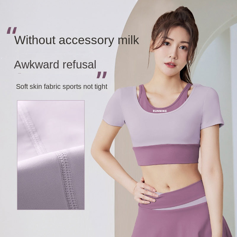 Women's Running Workout Short Sleeve Top with Chest Pad Slimming Nude Feel Close-Fitting and Slim-Fitting Yoga Clothes