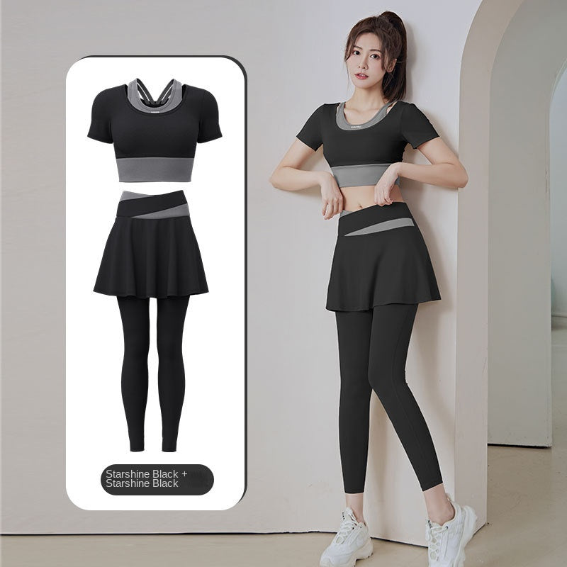 Color Matching Outer Wear High Waist Tight with Chest Pad Fake Two Pieces Short Sleeve Running Fitness Yoga Exercise Suit