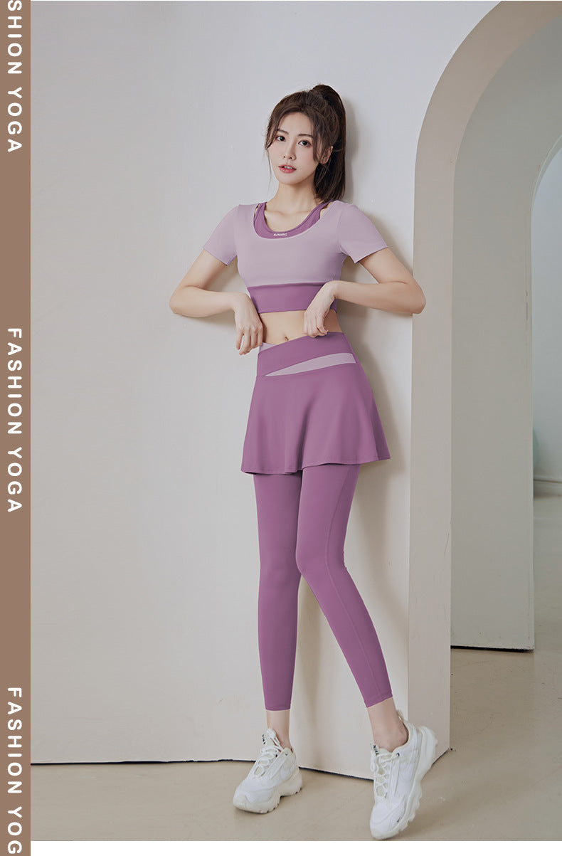 Color Matching Outer Wear High Waist Tight with Chest Pad Fake Two Pieces Short Sleeve Running Fitness Yoga Exercise Suit