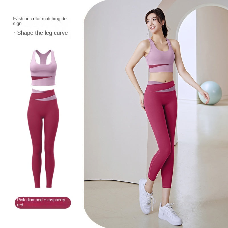 Women's Patchwork Contrast Color Shockproof Fitness Suit Running Sports Skinny Hip Raise Nude Feel Yoga Clothes